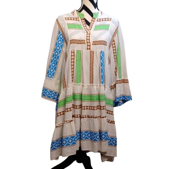 Boho Aztec Print Cotton Blend Bell-Sleeve Embroidered Tunic Dress - Picture 1 of 11